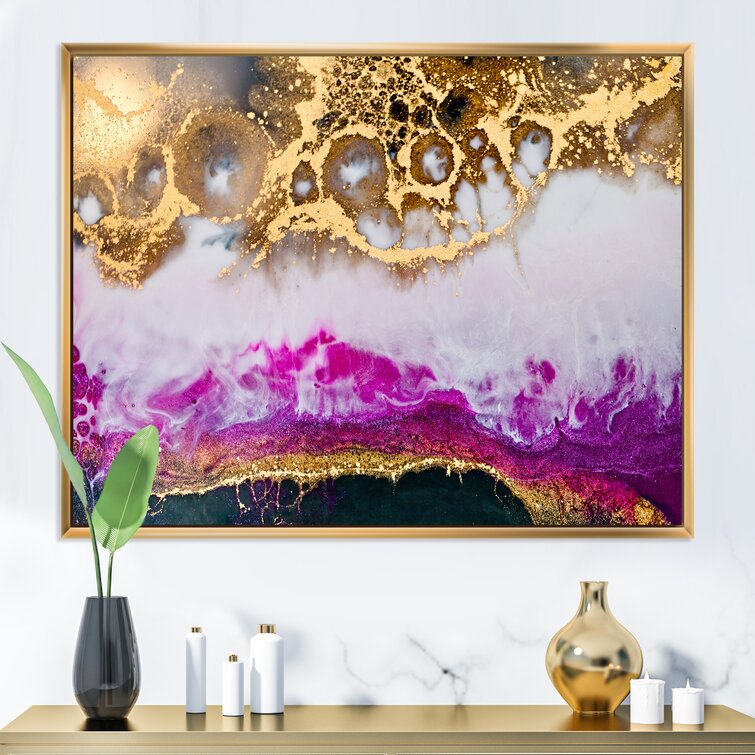 Gold White And Fuchia Epoxy Resin Art Framed On Canvas Painting